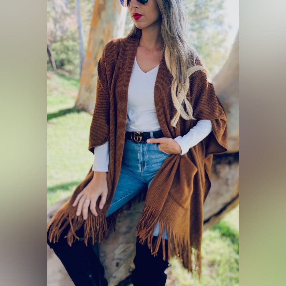 Brown Fringed Women's Poncho